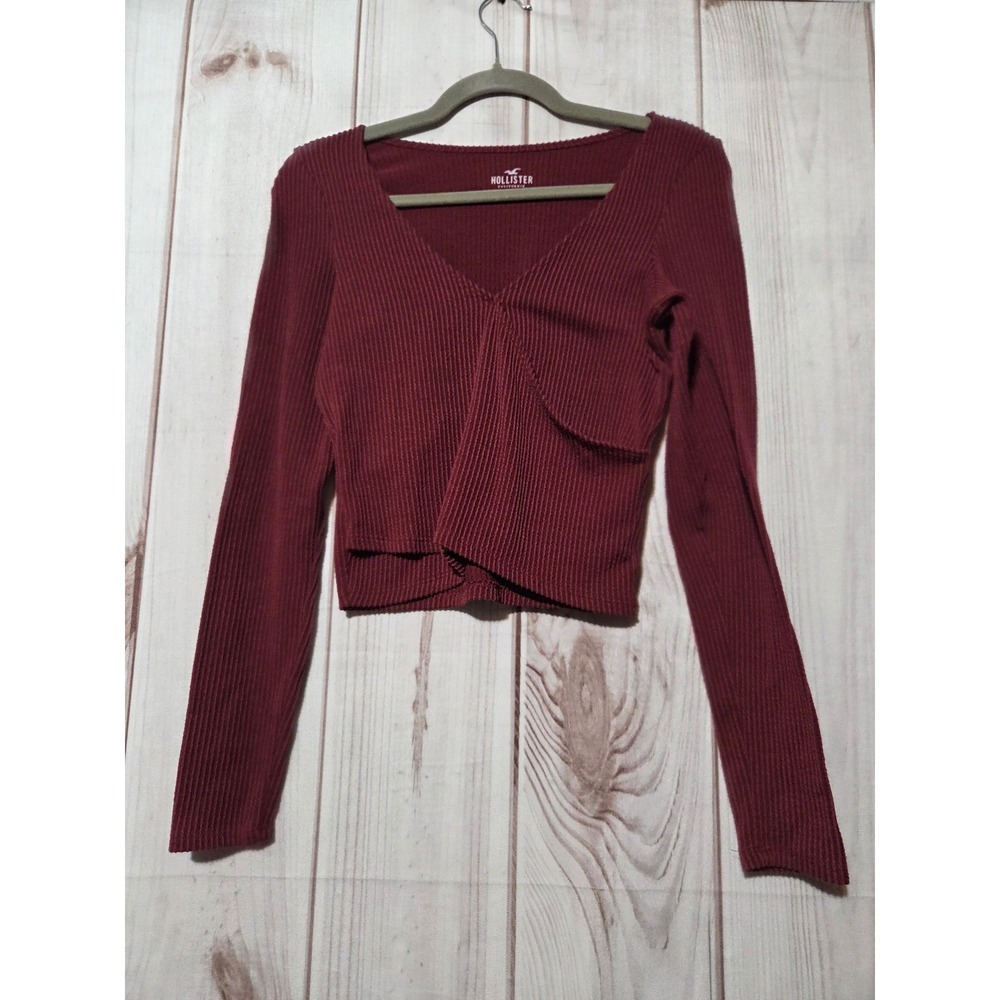 Hollister Womens Burgundy Ribbed Long Sleeve Faux Wrap V-Neck Crop Top Size M